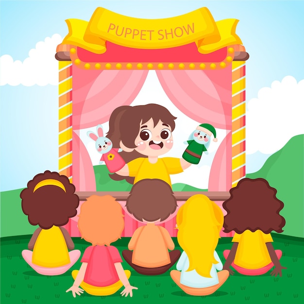 Illustrated children watching puppet show