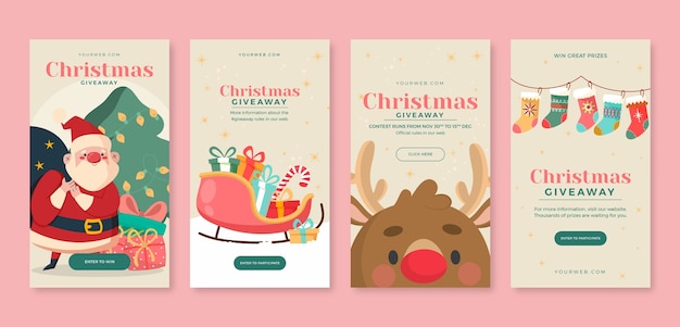 Free vector illustrated christmas social media stories pack