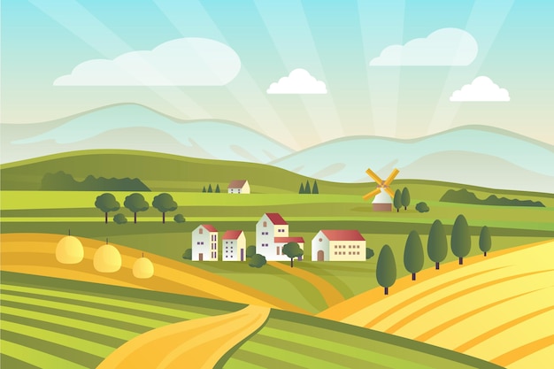 Illustrated colorful countryside landscape