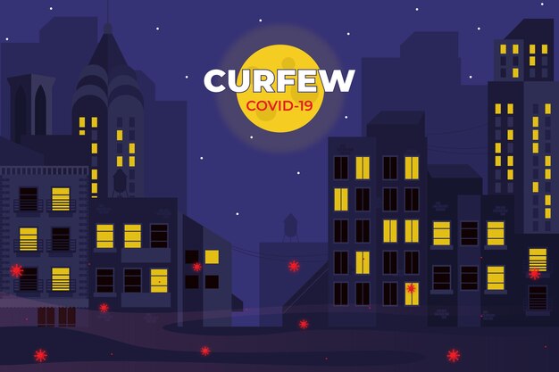 Illustrated coronavirus curfew concept with empty town at night