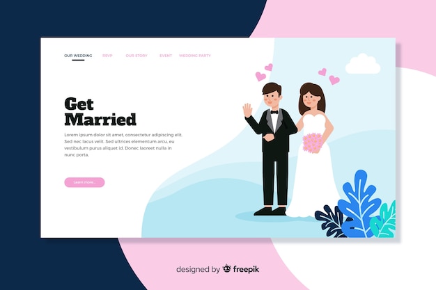 Illustrated couple on wedding landing page template