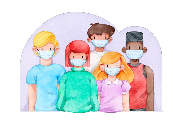 Illustrated crowd of people wearing medical masks