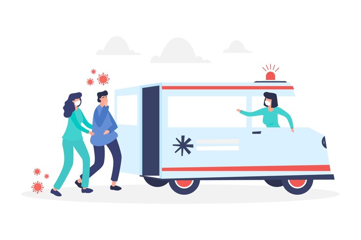 Free Vector illustrated emergency ambulance with doctors and patient