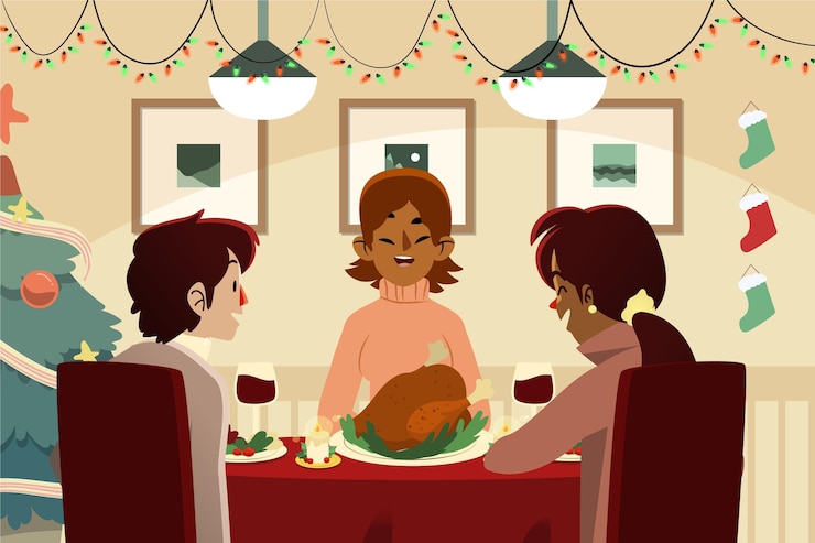 Free Vector illustrated family serving dinner in christmas night