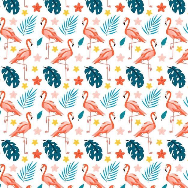 Free vector illustrated flamingo bird pattern with tropical leaves