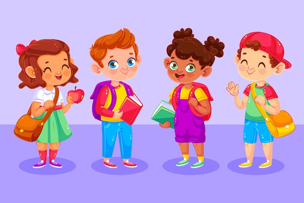 Illustrated happy children on their first day at school