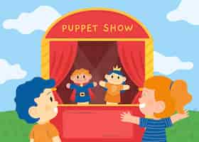 Free vector illustrated kids watching a cute puppet show