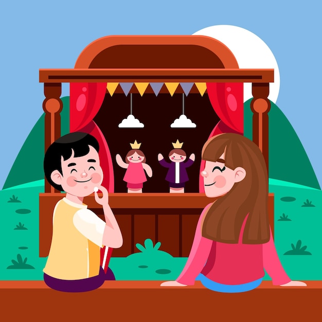 Illustrated kids watching a cute puppet show