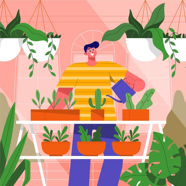 Illustrated man gardening at home