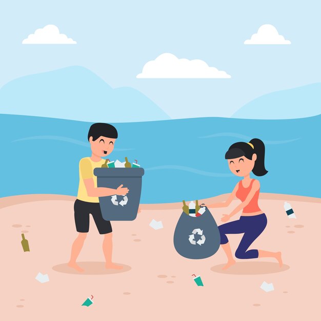 Illustrated man and woman cleaning the beach together