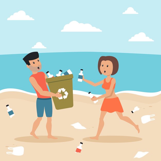 Иллюстрированный мужчина и женщина, уборка пляжа