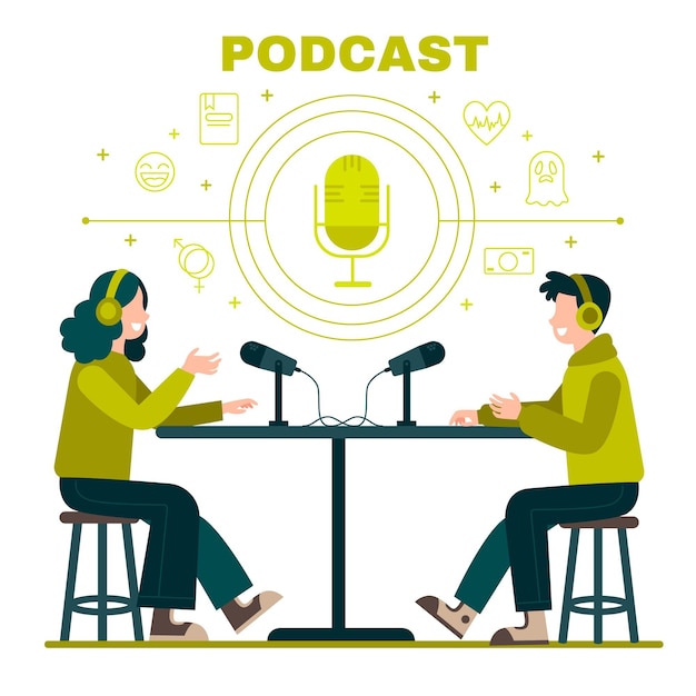 Illustrated people doing a podcast