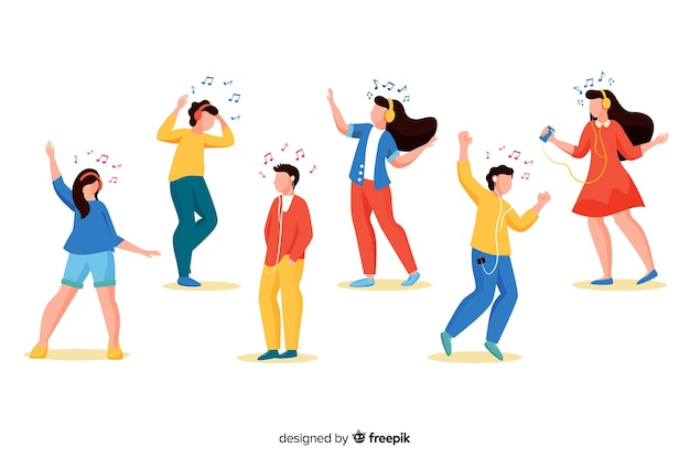 Бесплатное векторное изображение Иллюстрированные люди слушают музыку на своих наушниках и танцуют