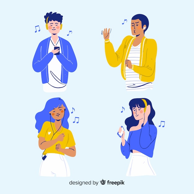 Free vector illustrated people listening music on their earphones pack