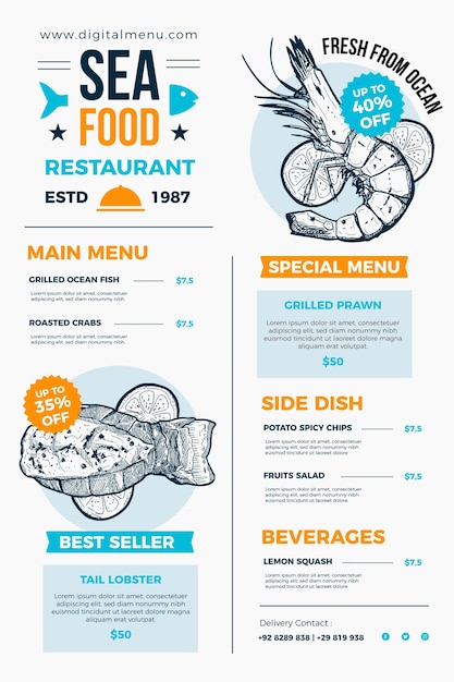 Free vector illustrated restaurant menu template for digital use