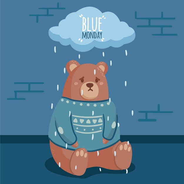 illustrated sad bear on blue monday
