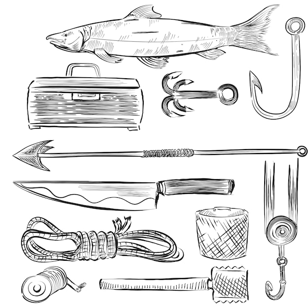 Illustrated set of fishing equipment