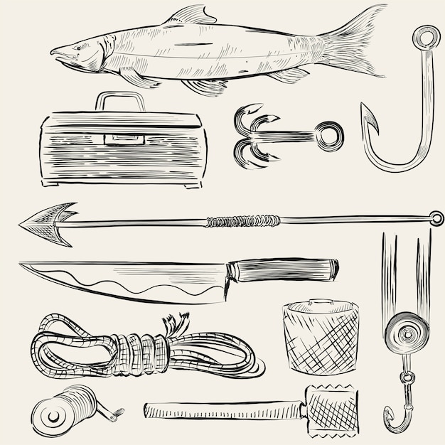 Free vector illustrated set of fishing equipment