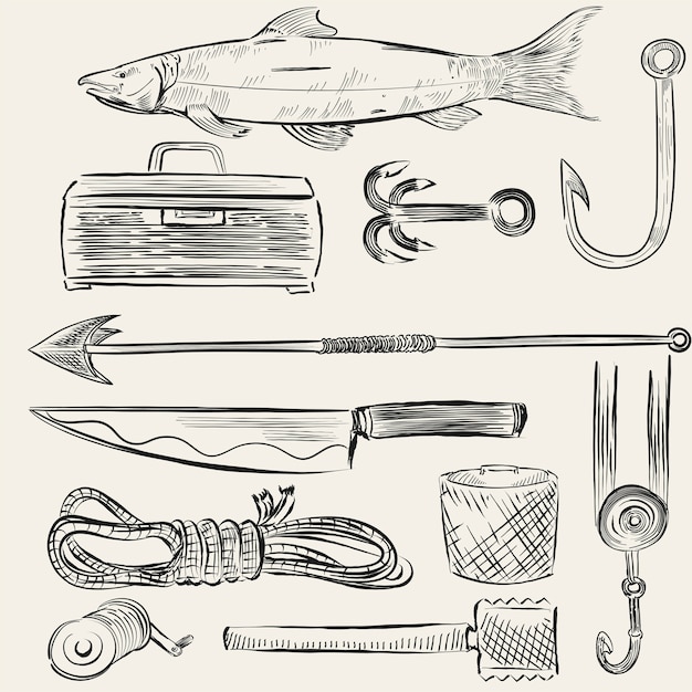 Иллюстрированный набор рыболовного снаряжения