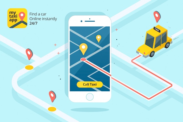 無料ベクター イラスト付きのタクシーアプリのインターフェース