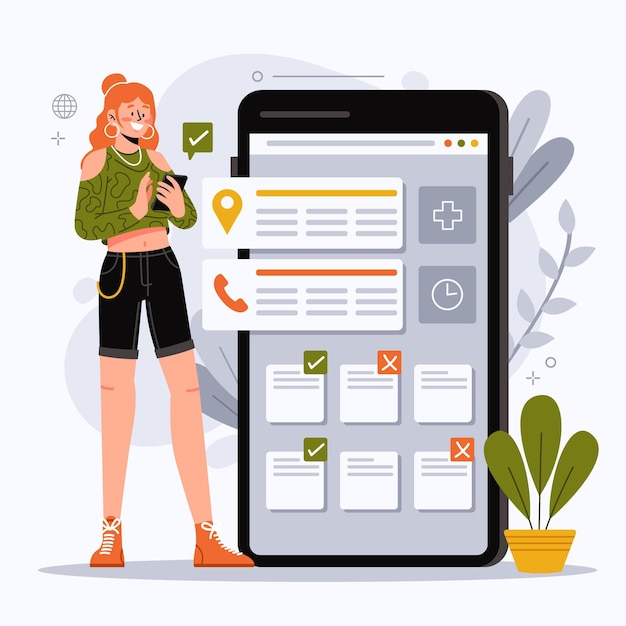 Vettore gratuito donna illustrata che fa una prenotazione di appuntamento con il suo smartphone