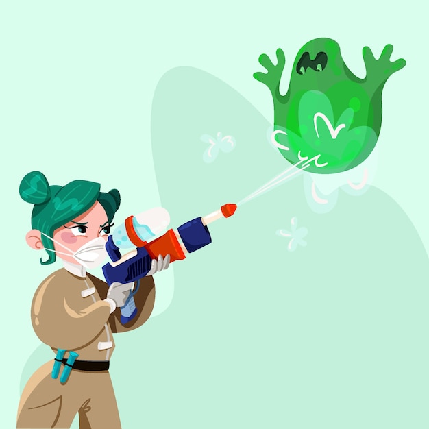 Иллюстрированная женщина борется с зеленым вирусом