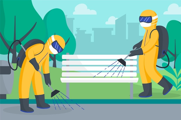 Illustrated workers providing cleaning service in public spaces