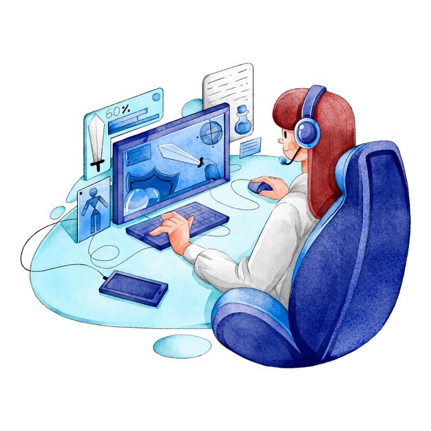 Illustrated young girl playing video games