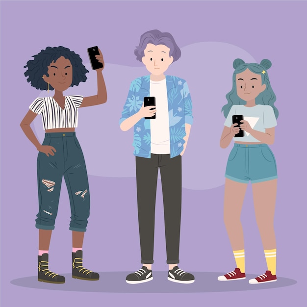 Illustrated young people using smartphones