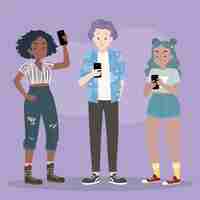 Free vector illustrated young people using smartphones