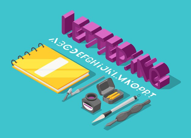 illustration of 3d text and letters with images of writing instruments and notepad