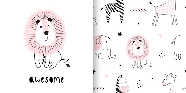 흑백 스타일의 귀여운 동물들과 함께 삽화와 매끄러운 유치한 패턴