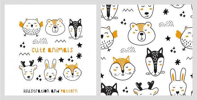 イラストと北欧風のかわいい動物とのシームレスなパターン プレミアムベクター