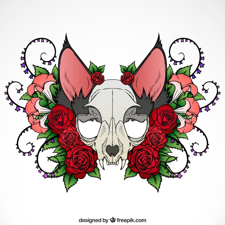 Free Vector illustration of animal skull with roses and ornaments