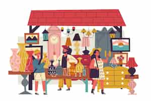 Free vector illustration of antique market with old objects