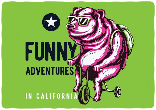 illustration of bear on a bike. Funny adventures in california