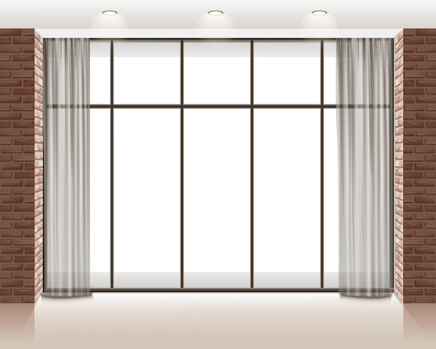 Illustration of big window inside empty loft room with bricks wall