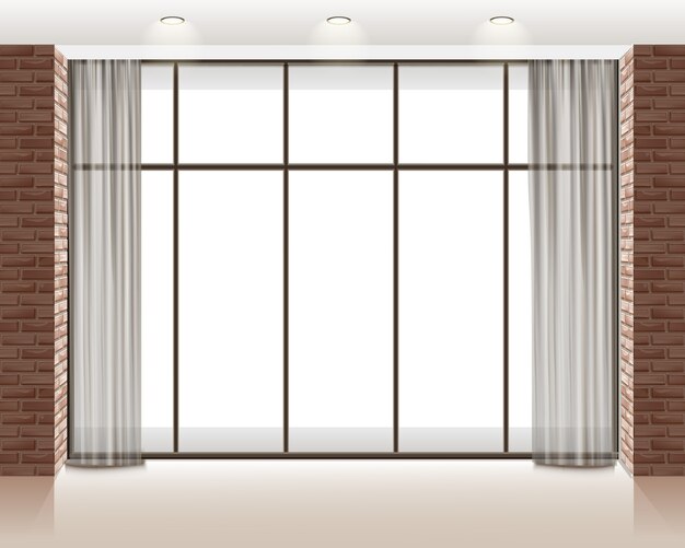 illustration of big window inside empty loft room with bricks wall