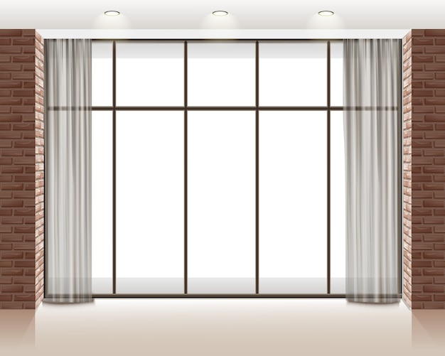 レンガの壁と空のロフト部屋の中の大きな窓のイラスト