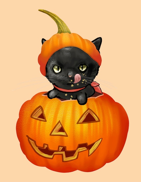 Illustration of a black cat in pumpkin icon for Halloween