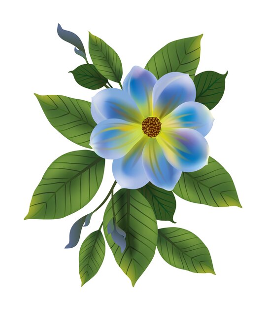 Illustration of blue flower with leaves. Forget me not, bud, twig. Flower concept.