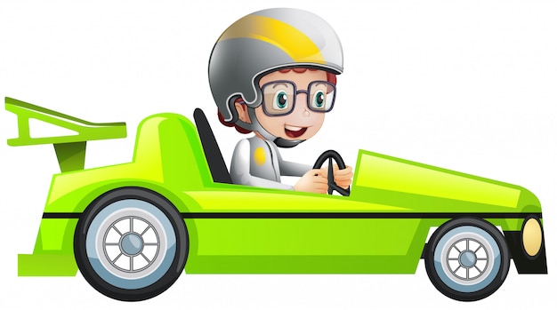 illustration of boy in green racing car