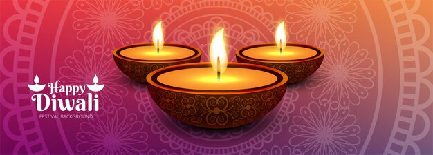 Free vector illustration of burning diya on happy diwali banner