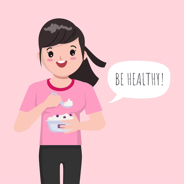  Illustration of Cartoon Cute Girl eating yogurt for healthy