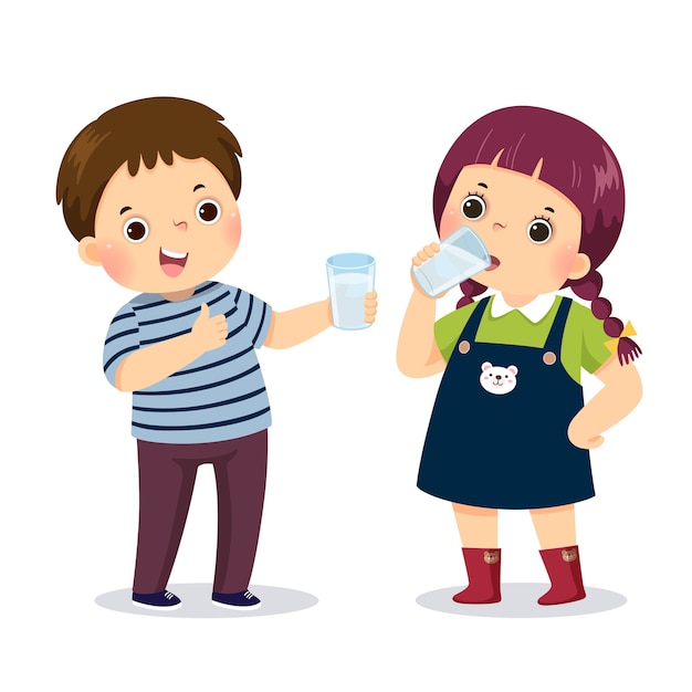 Illustration cartoon of a little boy holding glass of water and showing thumb up sign with girl drinking water.