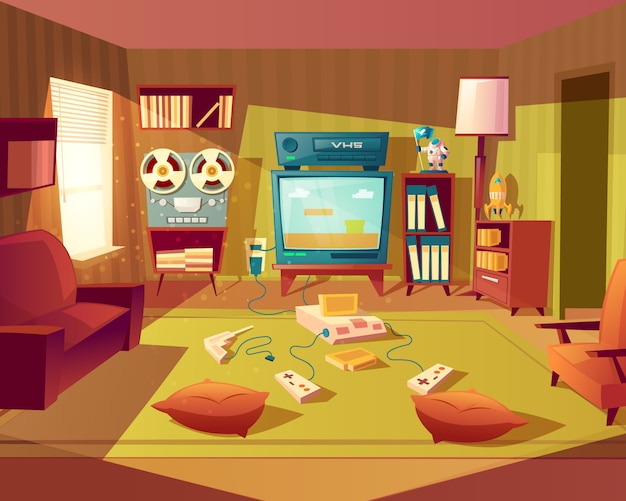 Illustration of cartoon living room at 80s, 90s. video games, vhs recorder for children.