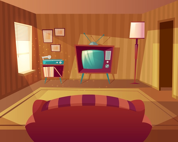 Illustrazione del soggiorno del fumetto. vista frontale dal divano al televisore, lettore in vinile.