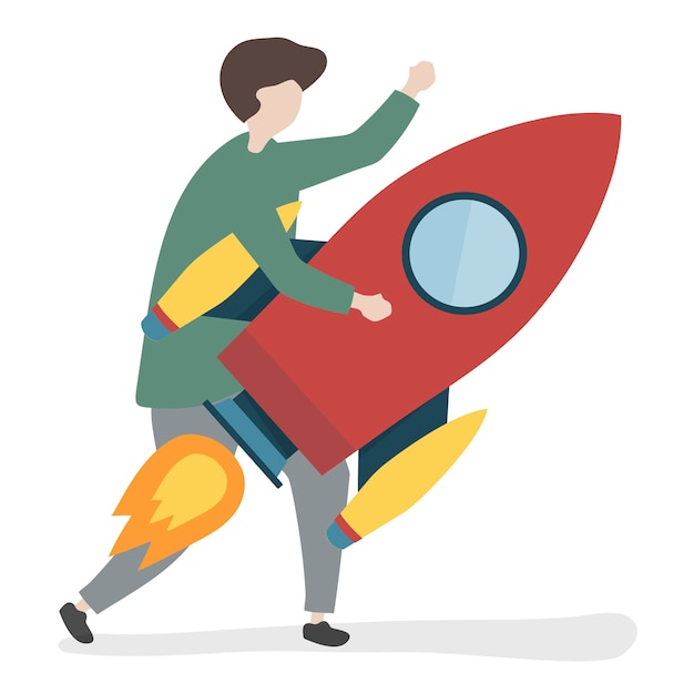 Illustration of a character holding a rocket