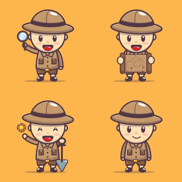 アクティビティイラストの鞭セットを持つサファリスーツの冒険家考古学者 プレミアムベクター