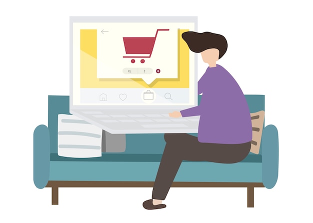 Illustrazione di un personaggio di shopping online